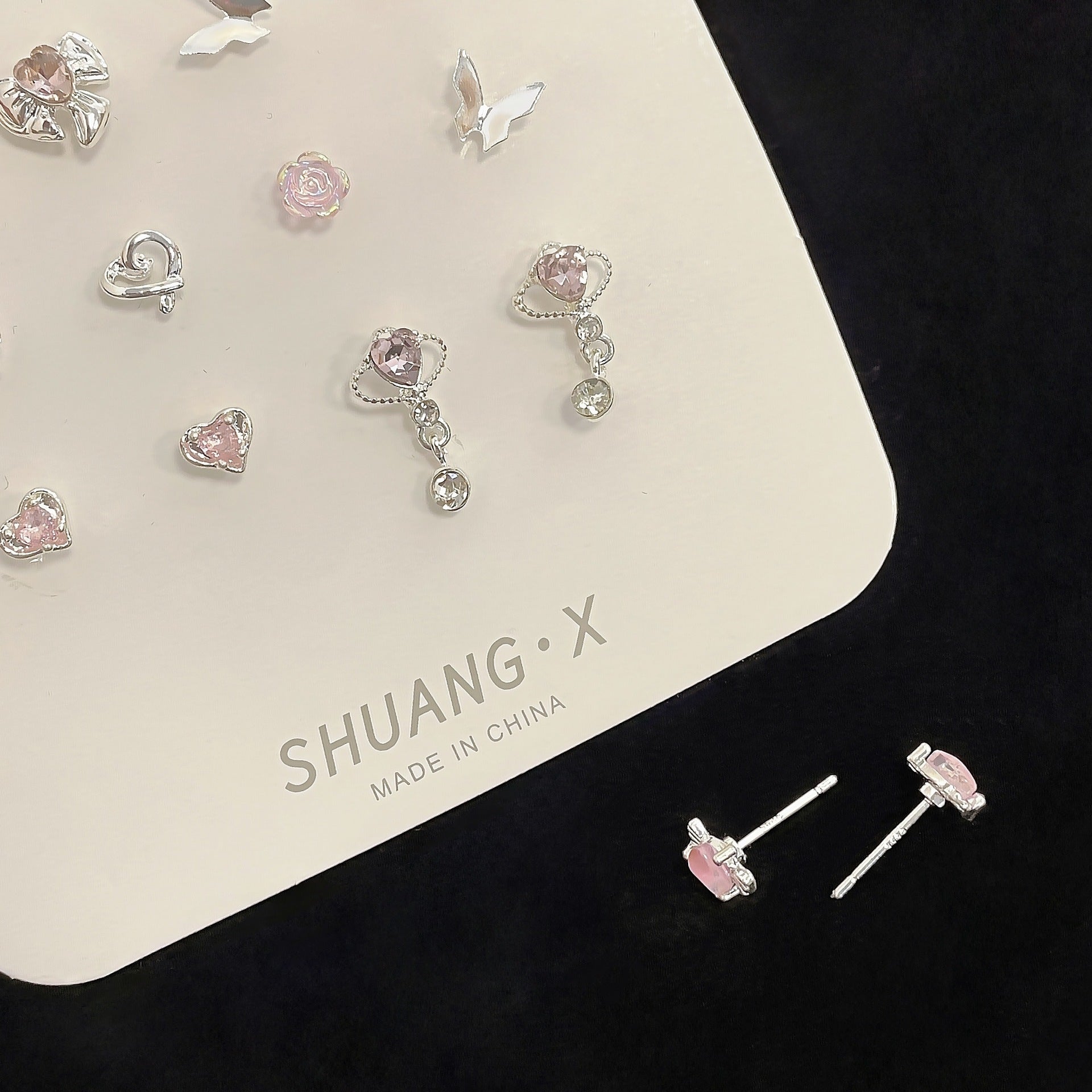 Wholesale Silver Needle Pink Diamond Heart Stud Earrings Set Planet Pendant