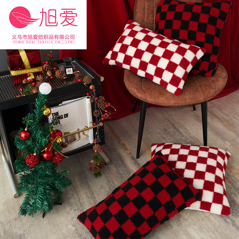 Wholesale Christmas red,  black,  and white checkerboard faux lambskin pillowcase