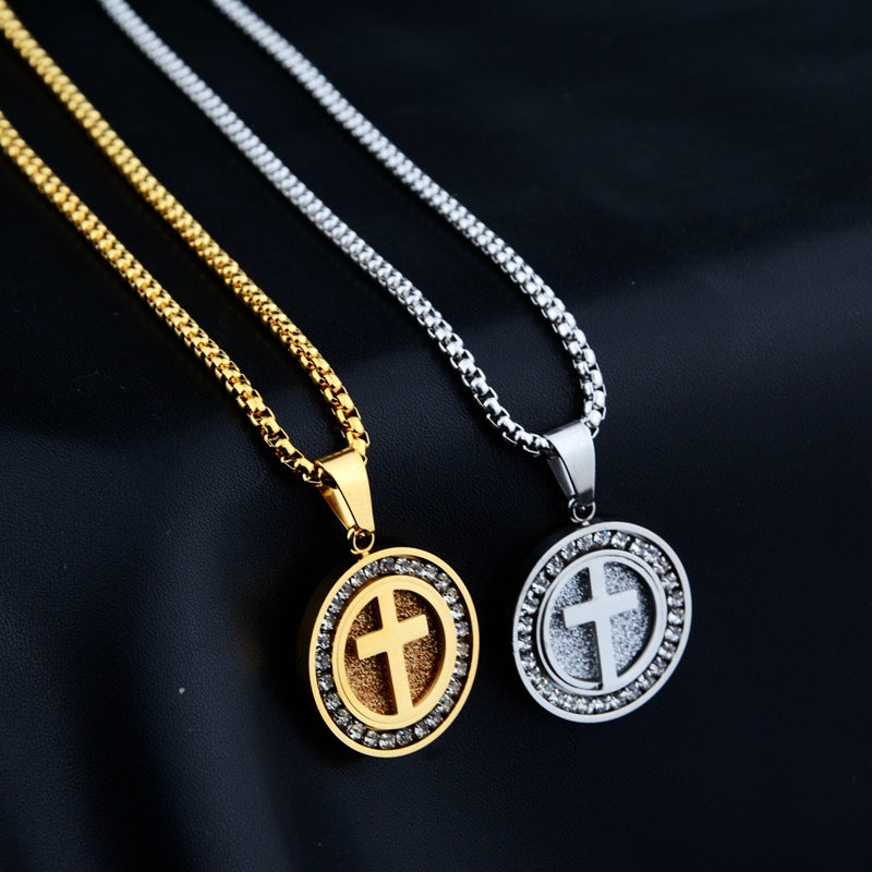 Wholesale Titanium Steel Hip Hop Necklace With Diamond Cut Cross Round Pendant Unisex Everyday Jewelry Accessory