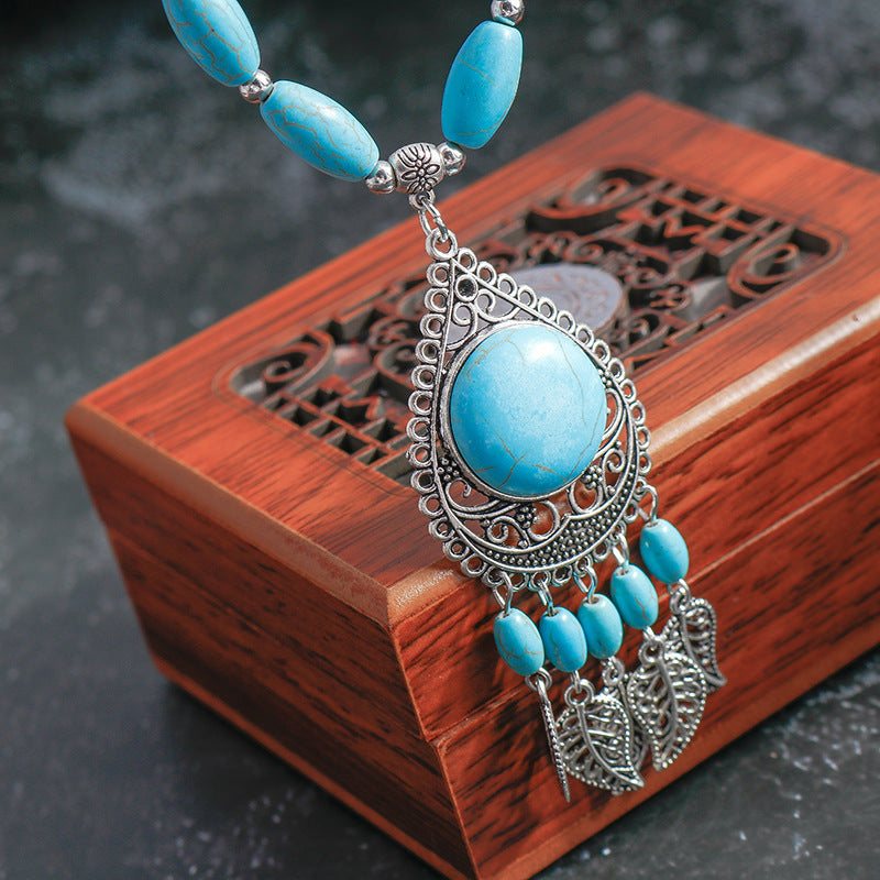 Wholesale Vintage Alloy Ethnic Style Turquoise Pendant Leaf Tassel Turquoise Necklace