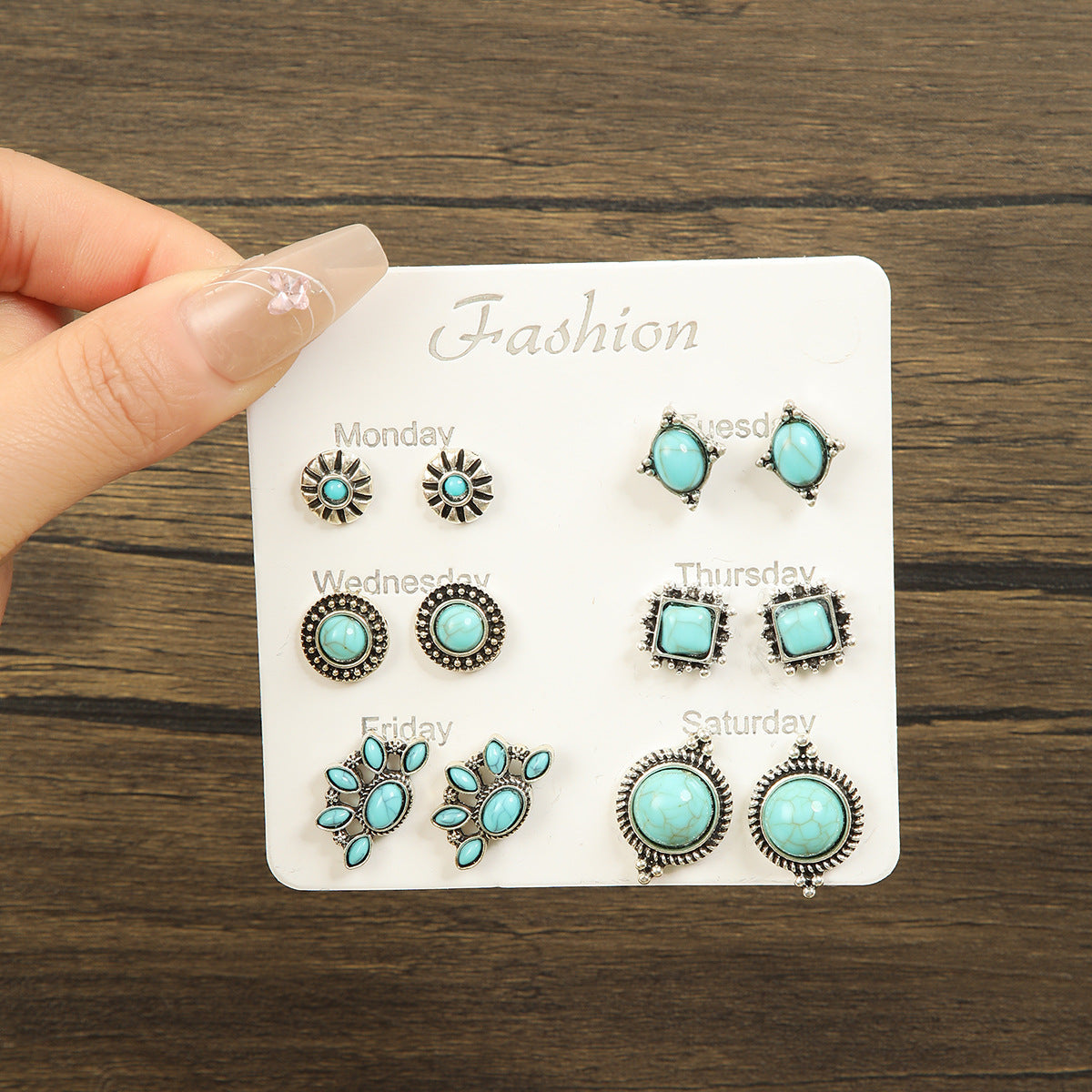 Wholesale 6 Pair Retro Turquoise Geometric Stud Earrings Ethnic Style Zinc Alloy Jewelry Set For Women