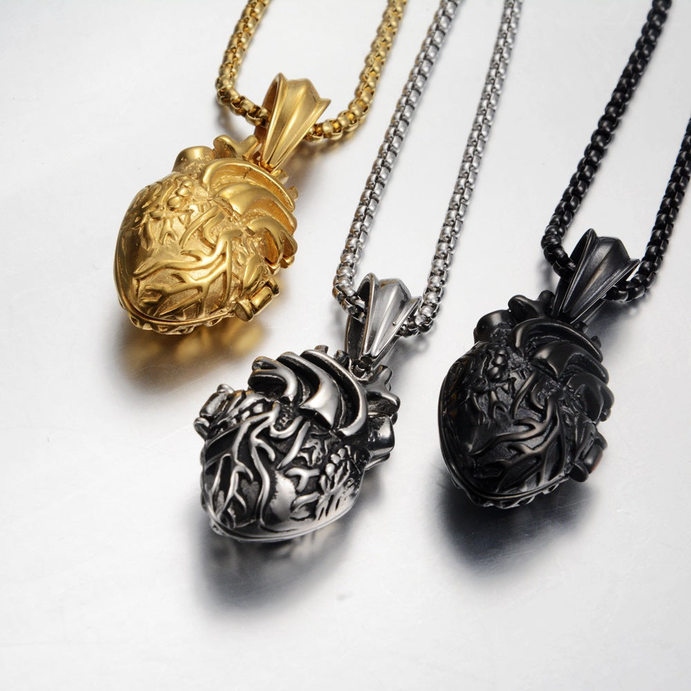 Wholesale Antique Silver Titanium Steel Openable Heart Pendant Necklace Punk Retro Unisex Everyday Jewelry