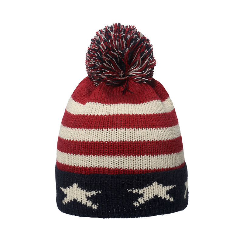 Wholesale American Flag Star Stripe Pom Pom Warm Knitted Hat