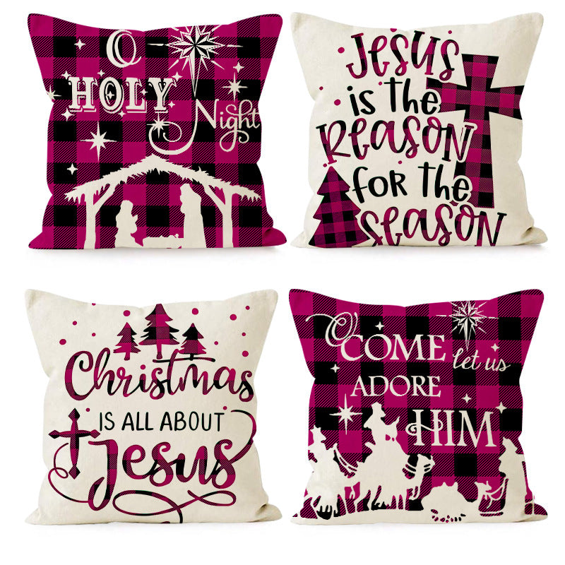 Wholesale Christmas Linen Plaided Letter Christmas Tree Print Pillowcase