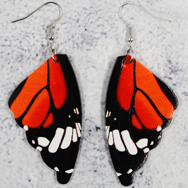 Wholesale Butterfly Leather Bionic Butterfly Wings Pattern Symmetrical Double-Sided Printed Earrings