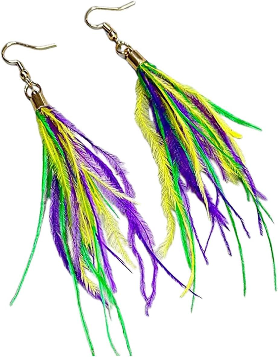 Wholesale Yellow, purple and green feather tassel earrings