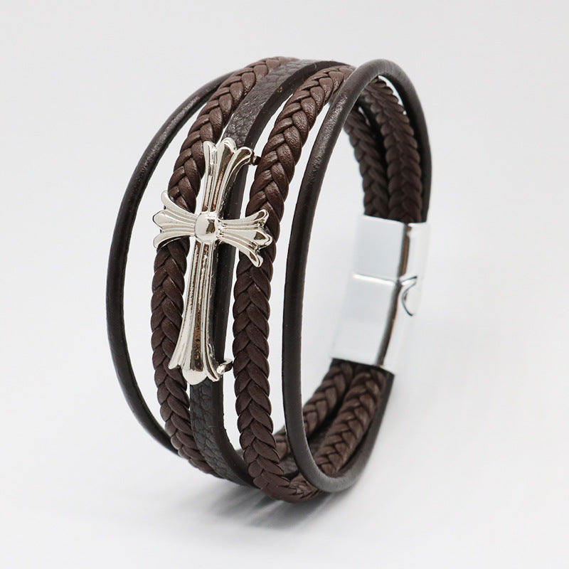 Wholesale Cross Multi-layer Leather Rope Woven Bracelets
