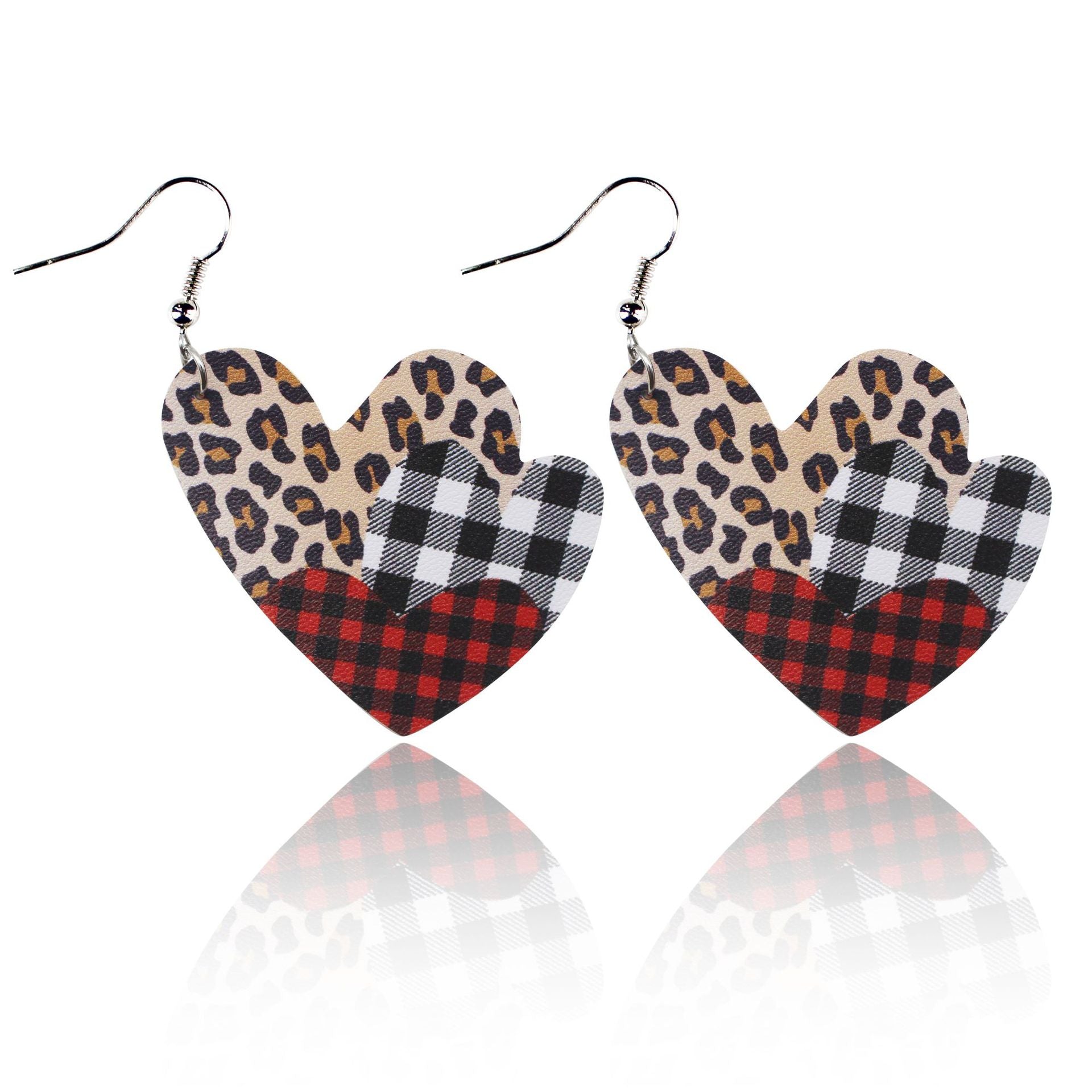Wholesale Valentine's Day Red and Black Plaid Stripe Tie Dyed Leopard Heart Double Sided Leather Earrings