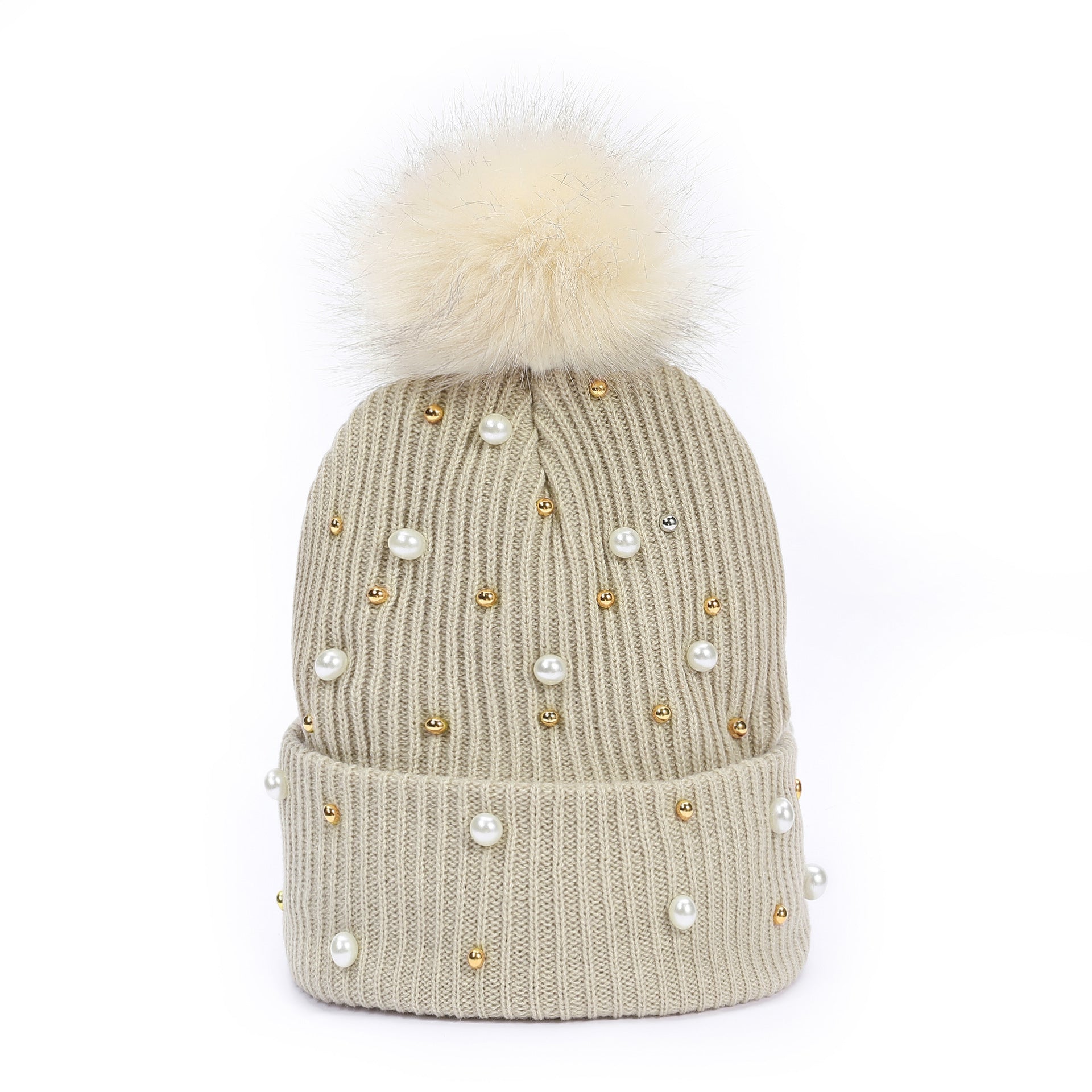 Wholesale Rivet Pearl Woolen Hat Fur Ball Cap Warm Hat