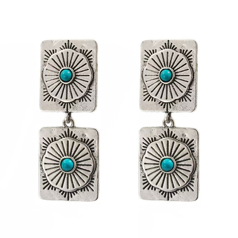 Wholesale Chic Western Turquoise Inlaid Geometric Drop Earrings Bohemian Lightning Tassel Jewelry For Boutique Resale