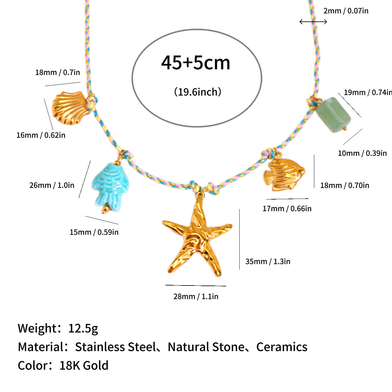 Wholesale Ocean Series Natural Stone Pendant Colorful Braided Necklace Titanium Steel Pendant