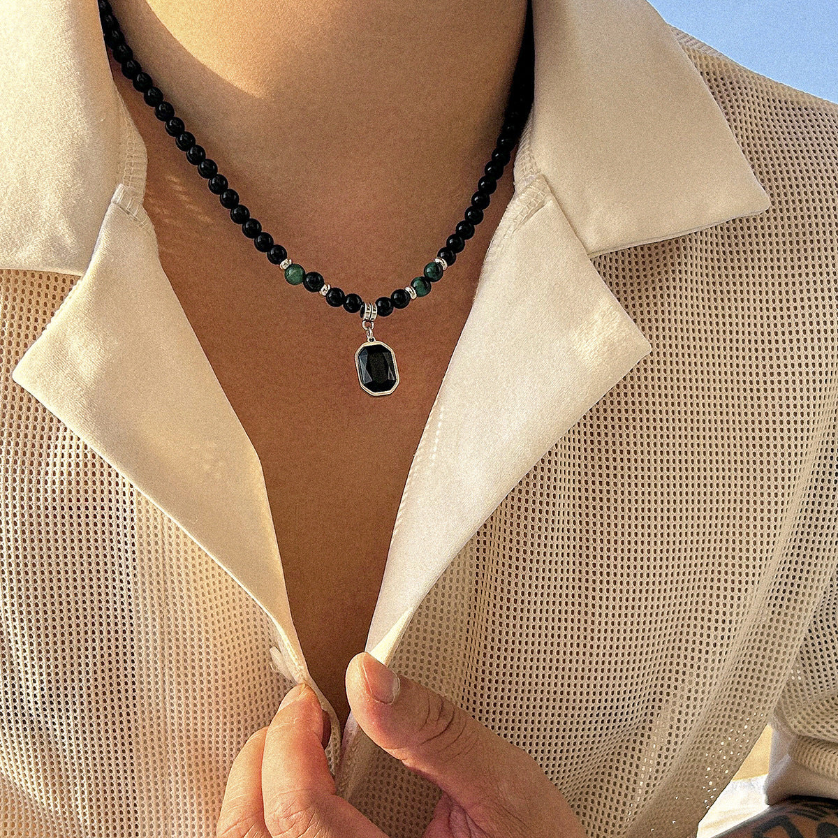 Wholesale Men's Stainless Steel Tiger Stone Round Bead Necklace