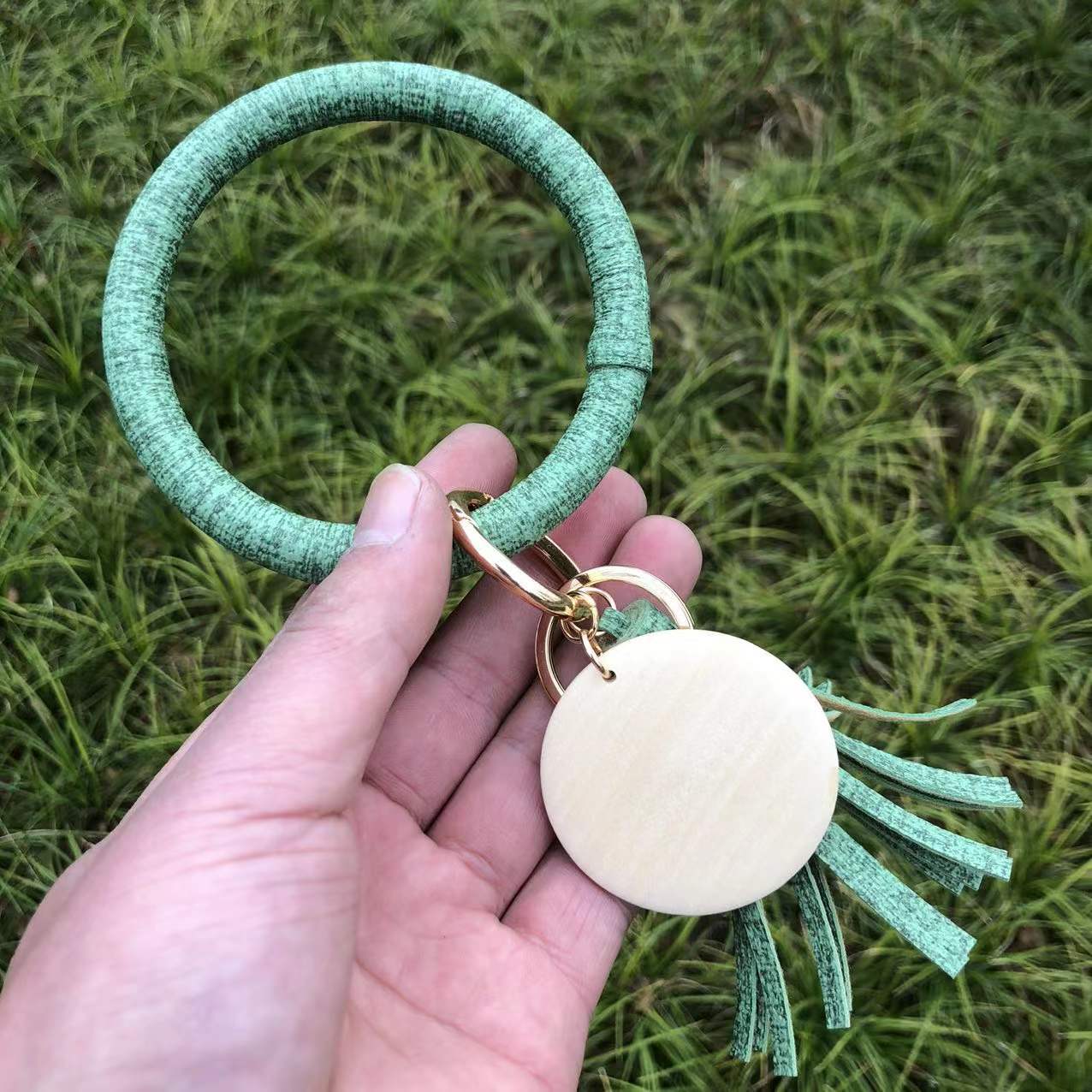 Wholesale Punk denim leather wristband tassel wooden pendant Wristlet Keychain