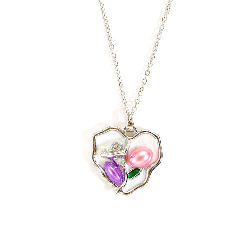 Wholesale rose oil painting high-grade necklace pearl color simple clavicle chain stainless steel plated 18k gold necklace for women