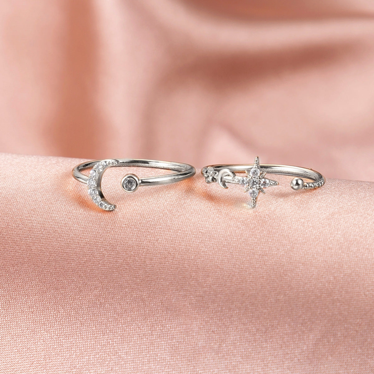 Wholesale Sun and Moon Tonghui Stacked  Diamond  Open Copper Rings Necklaces Jewelry Set