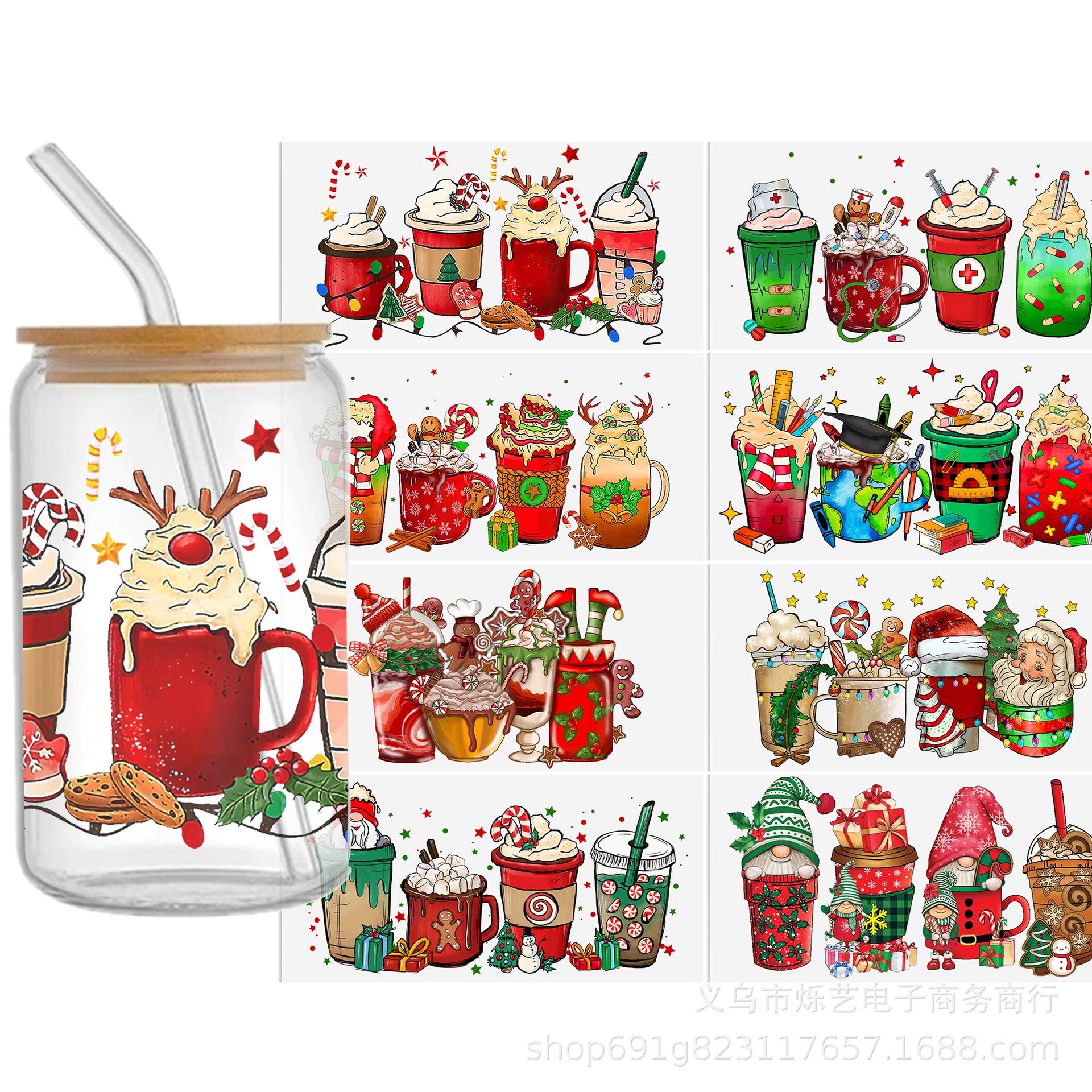 Wholesale Christmas series of ice cream cartoons   16oz Cup UV DTF Wraps