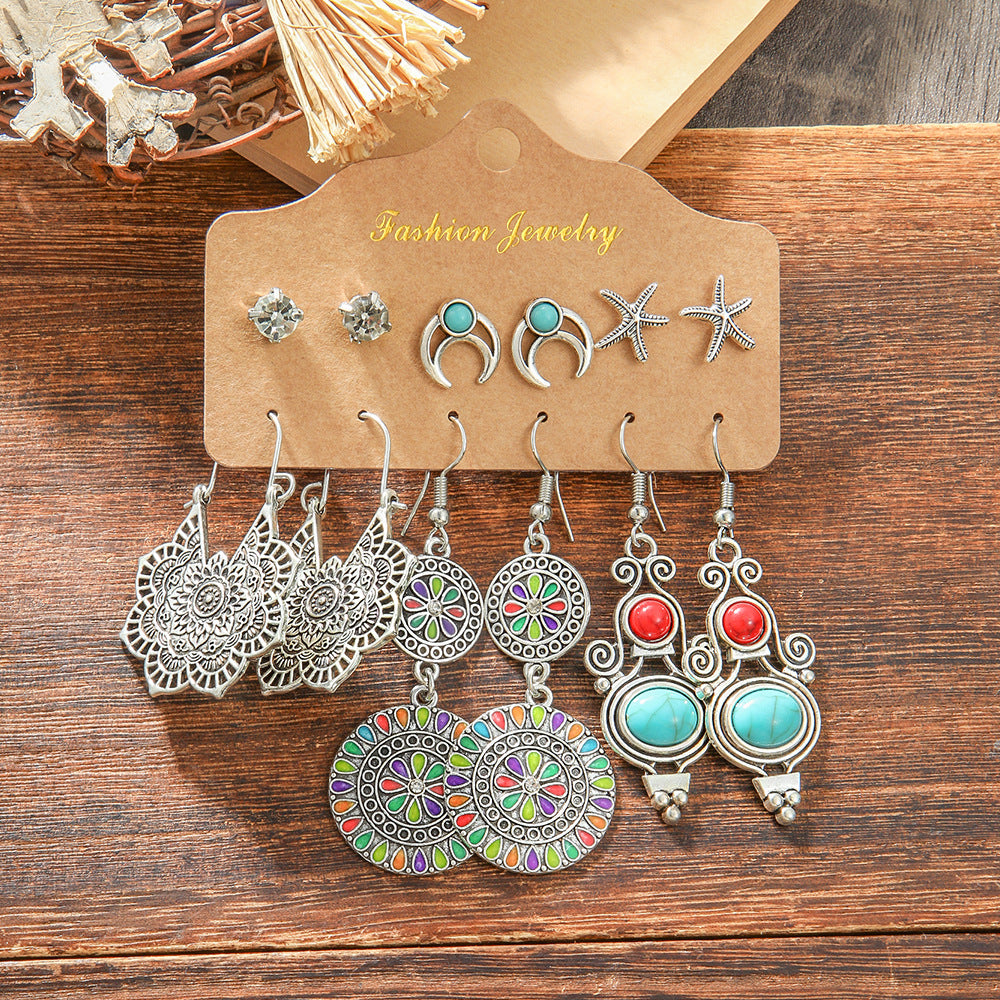 Wholesale Trendy Bohemian Retro Earring Set Silver Tone Turquoise Zinc Alloy With Ethnic Bird Motif Fashion Accessory For Gift And Resale