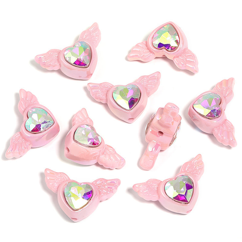 Wholesale 25pcs Double-sided Diamond Wings Love Heart Plated Acrylic Peach Heart Beads