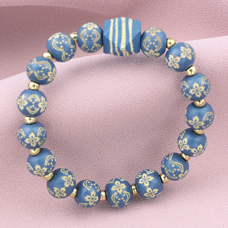 Wholesale Carved Wooden Bead Handmade Elastic Bracelet