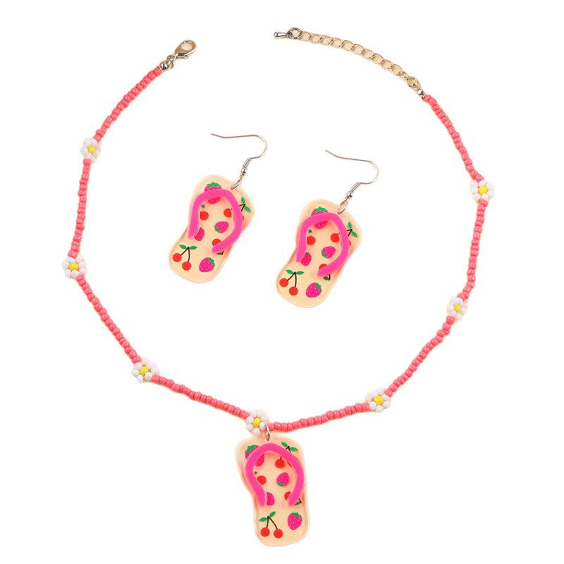 Wholesale Holiday Style Slipper Earrings Beaded Acrylic Necklace Set
