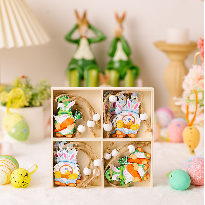 Wholesale Easter 4-grid Wooden Boxes with Wooden Dwarf Radish Pendant Decorations
