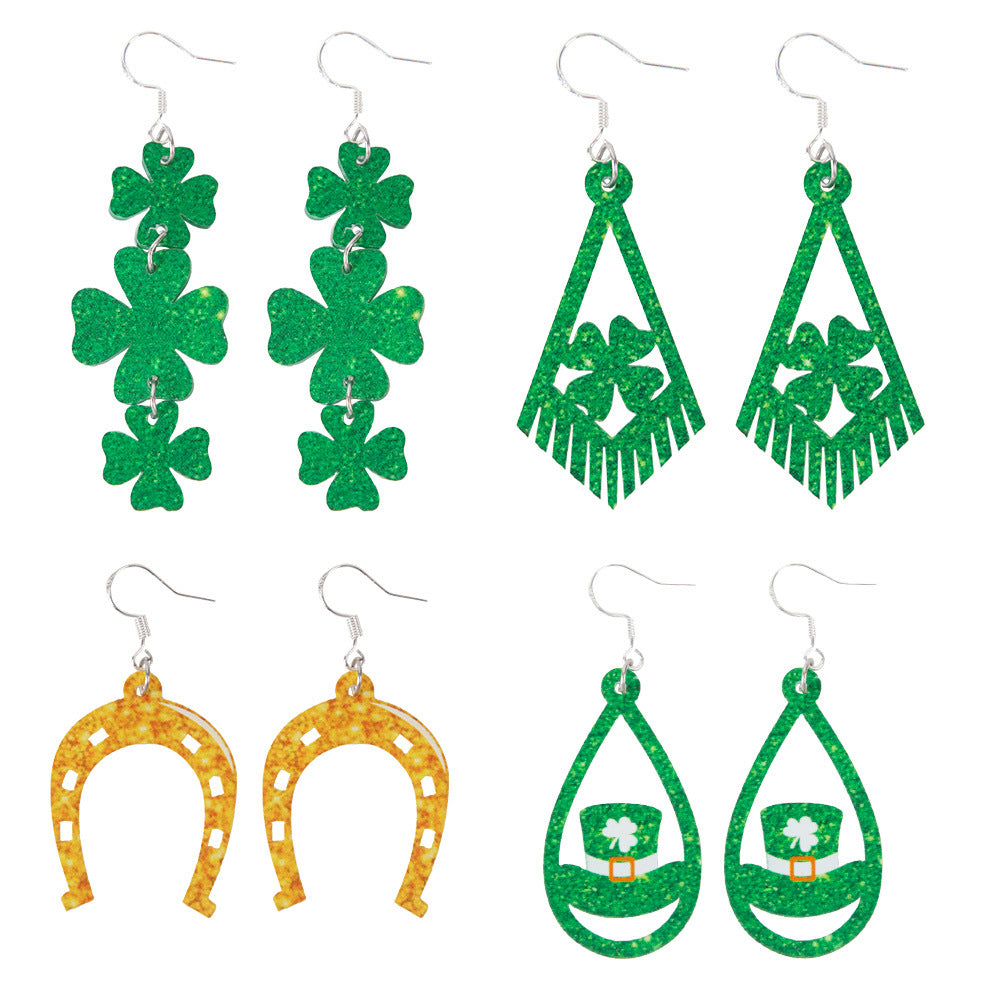 Wholesale St.  Patrick' s Day four-leaf clover hat with acrylic earrings