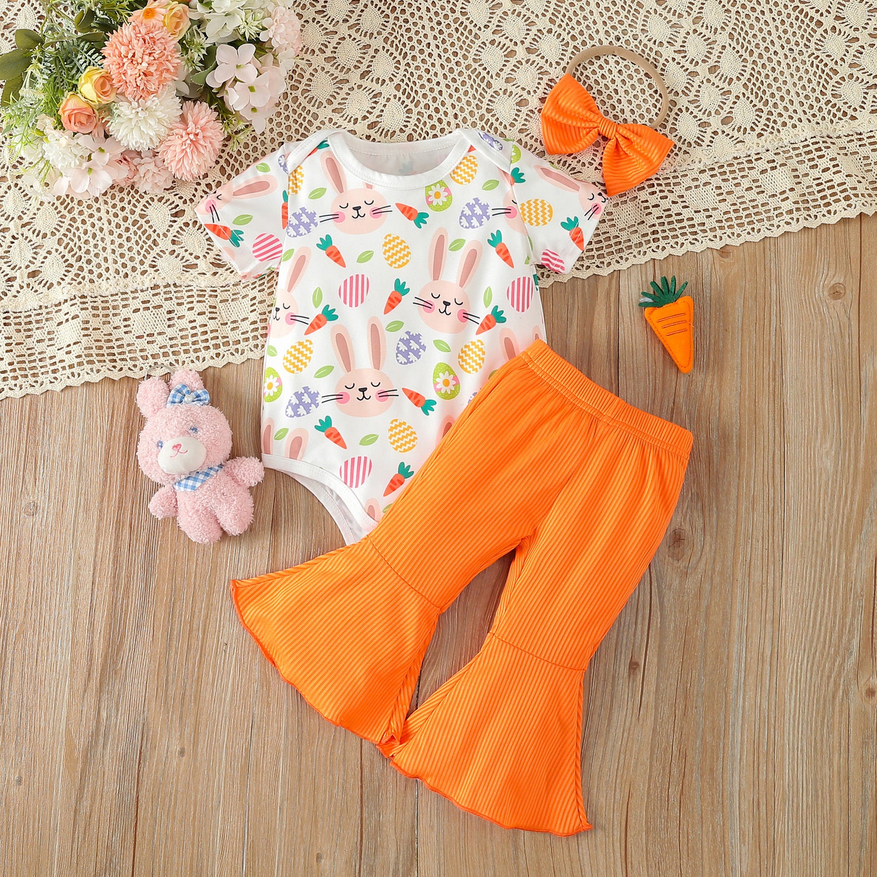 Wholesale Easter Cotton Bunny Trousers and Hair Tie Three-piece Set