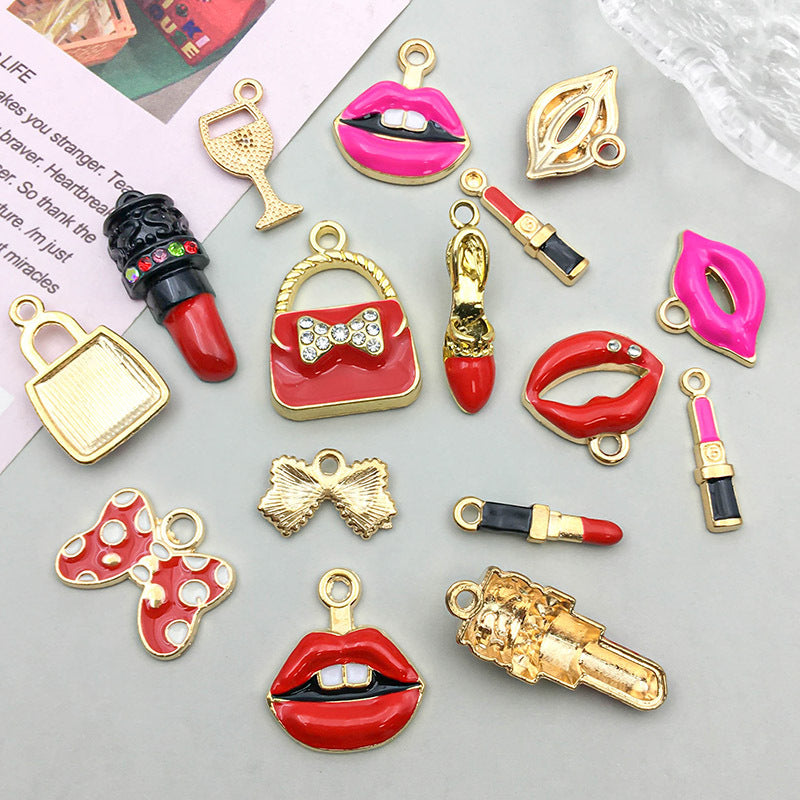 Wholesale 1 Drop Oil Alloy Red Simulated Lipstick Bow DIY Pendant