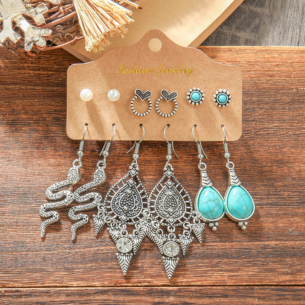 Wholesale Trendy Bohemian Retro Earring Set Silver Tone Turquoise Zinc Alloy With Ethnic Bird Motif Fashion Accessory For Gift And Resale
