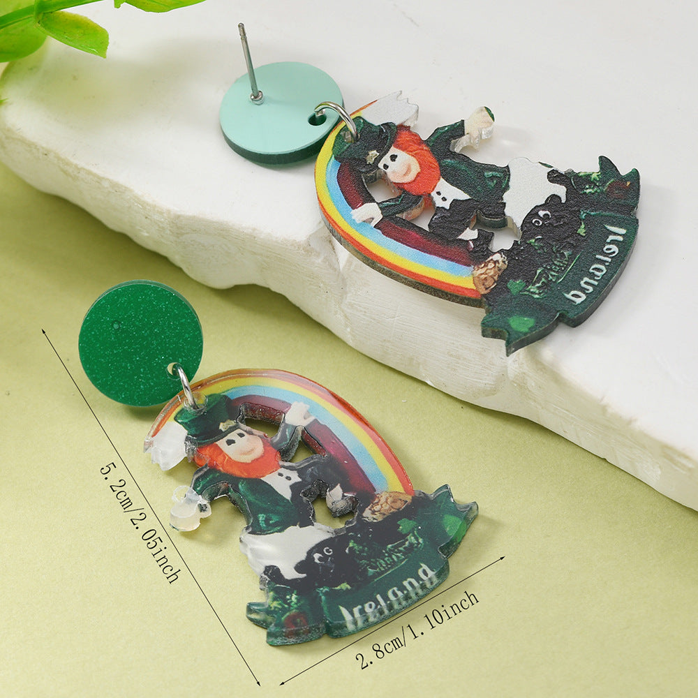 Wholesale St. Patrick's Day Green Hat Lucky Grass Clover Exaggerated Carnival Acrylic Double-Sided Earrings