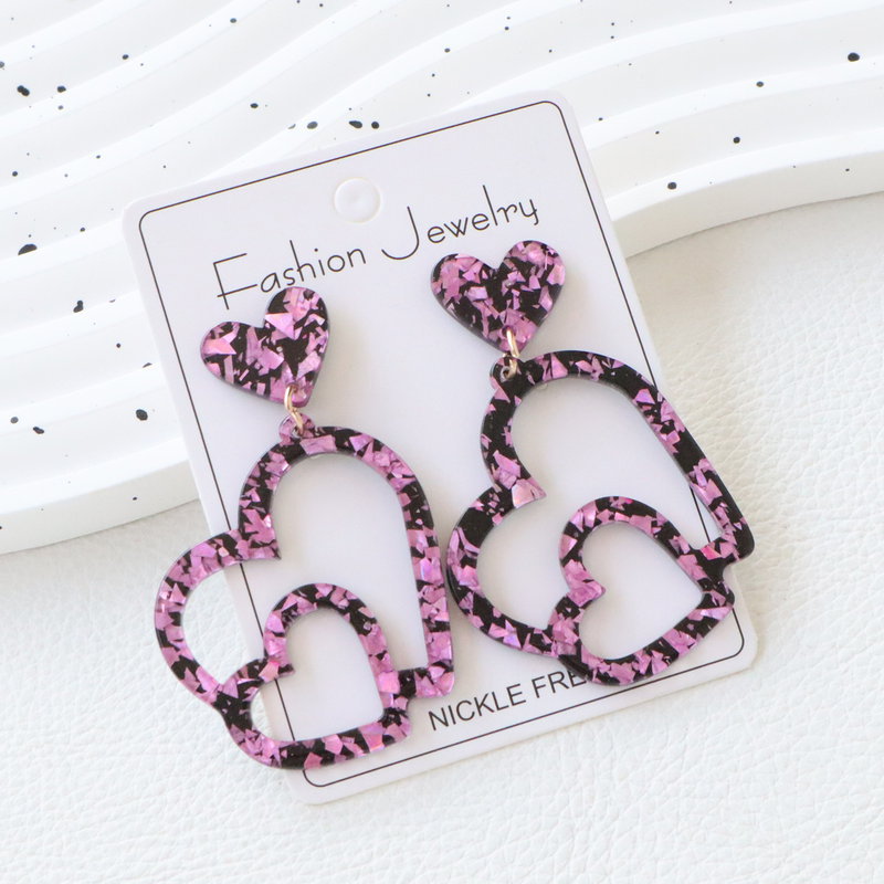 Wholesale Valentine' s Day Black and Pink Hollow Heart Acrylic Earrings