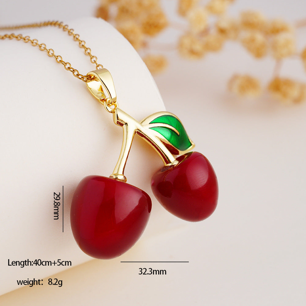 Wholesale Necklace for Women Fruit Red Cherry Pendant Metal Clavicle Necklace