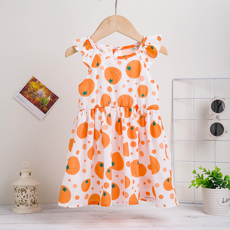 Wholesale Trendy Baby Girl Orange Fruit Print Summer Dress For Toddlers Polyester Party And Everyday Wear