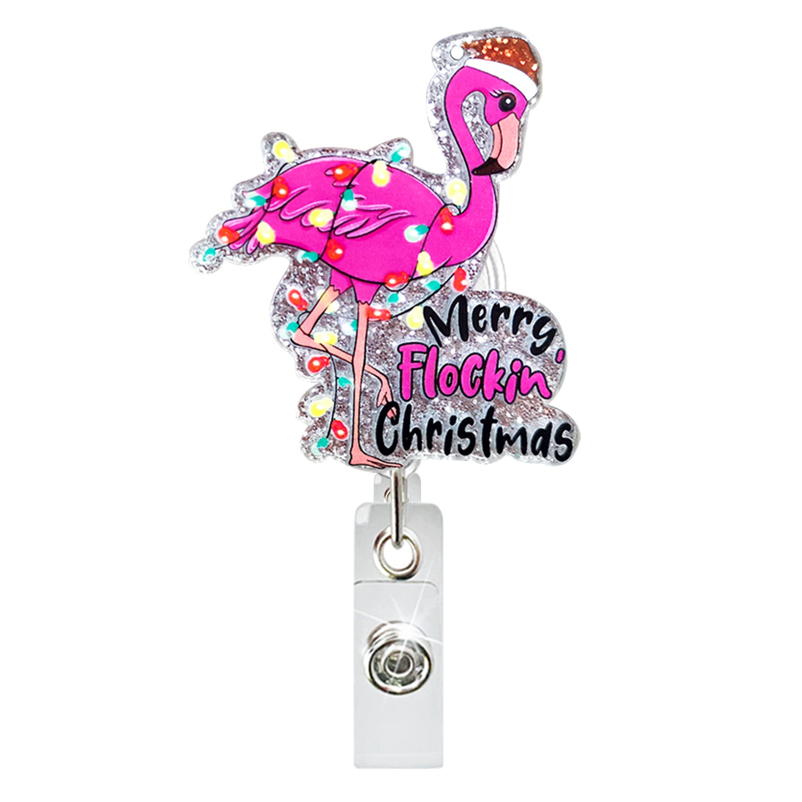 Wholesale Christmas glitter acrylic dinosaur retractable rotating clip badge pull-up buckle