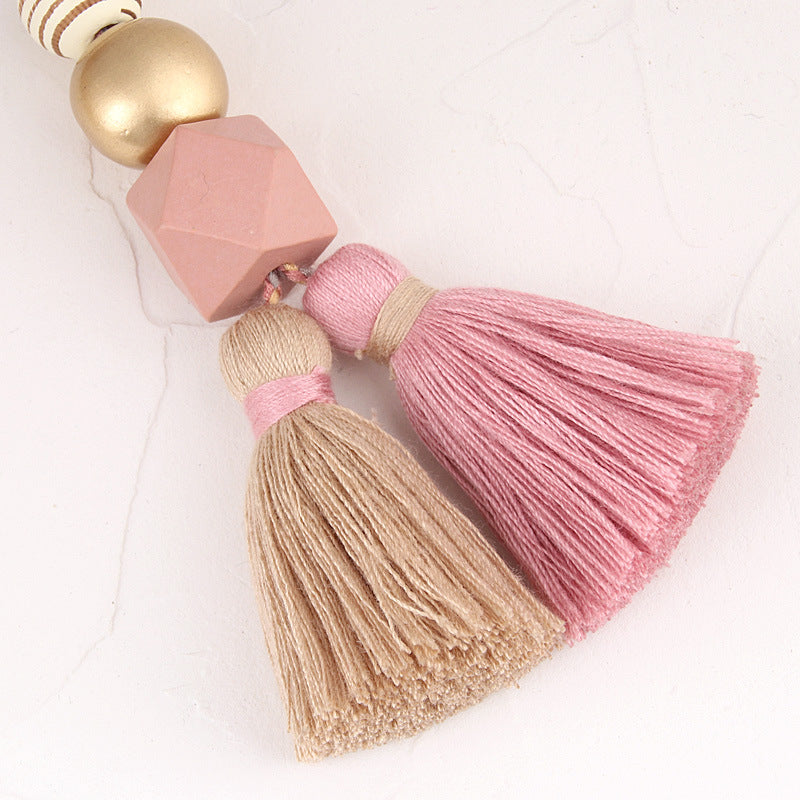 Cuentas de madera al por mayor llavero tejido a mano