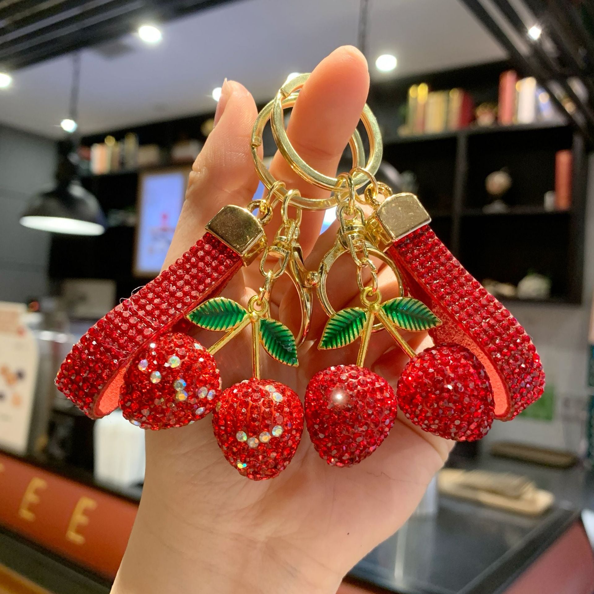 Wholesale Clay Full Rhinestone Heart Cherry Lanyard Keychain