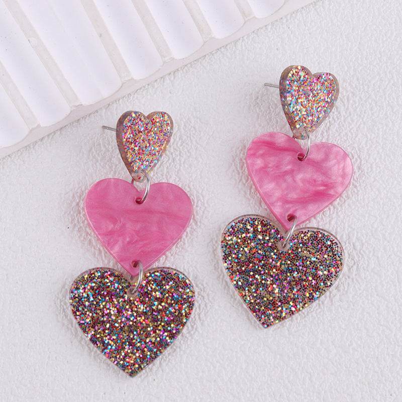 Wholesale Asymmetric long triple heart Acrylic Earrings