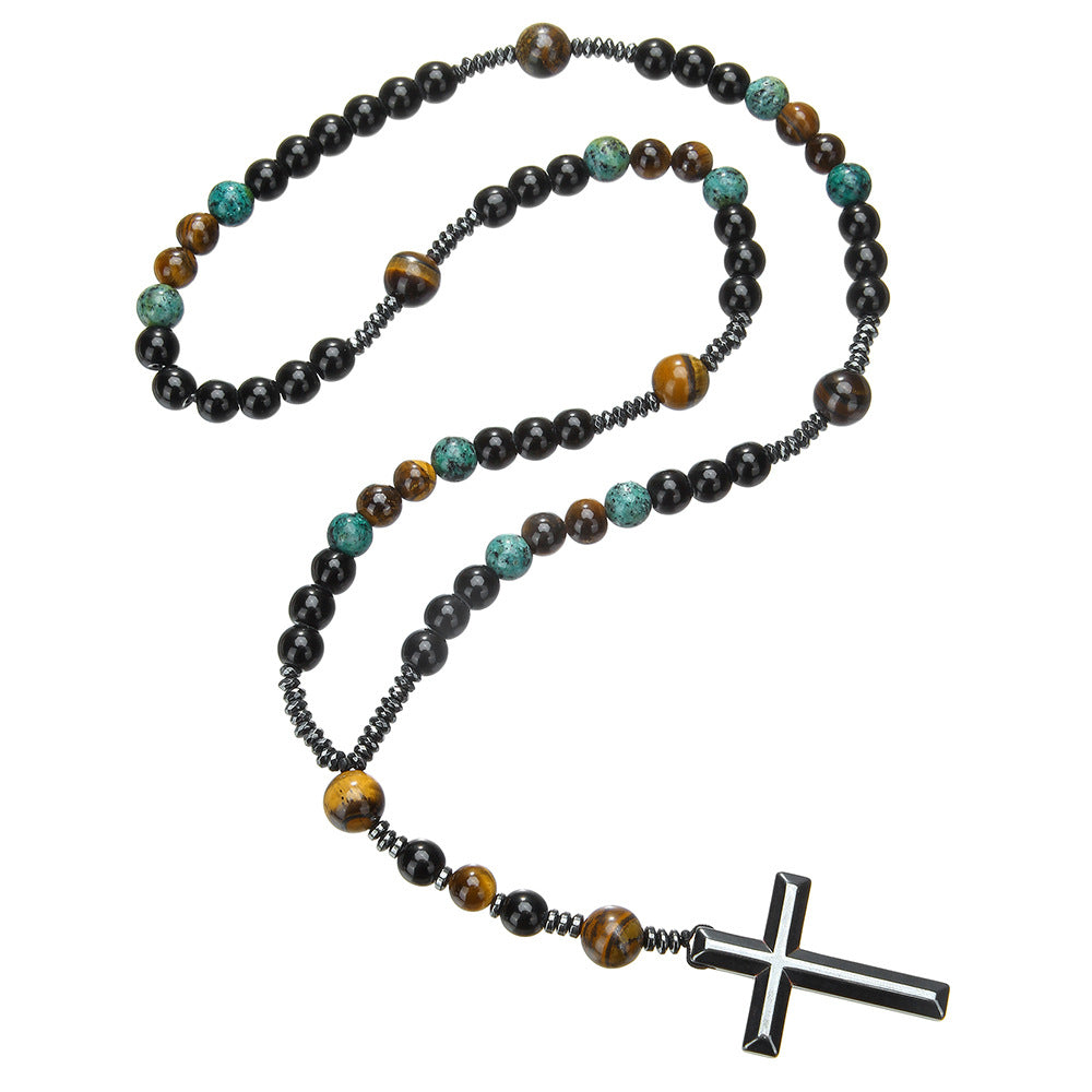 Wholesale Black gallstone yellow tiger eye iron stone cross necklace for men