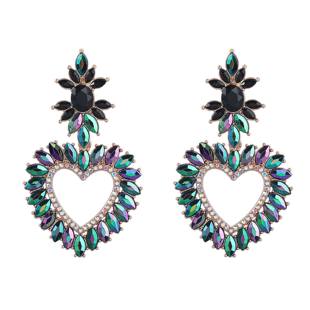 Wholesale Alloy Color Diamond Flower Love Shape Gemstone Earrings