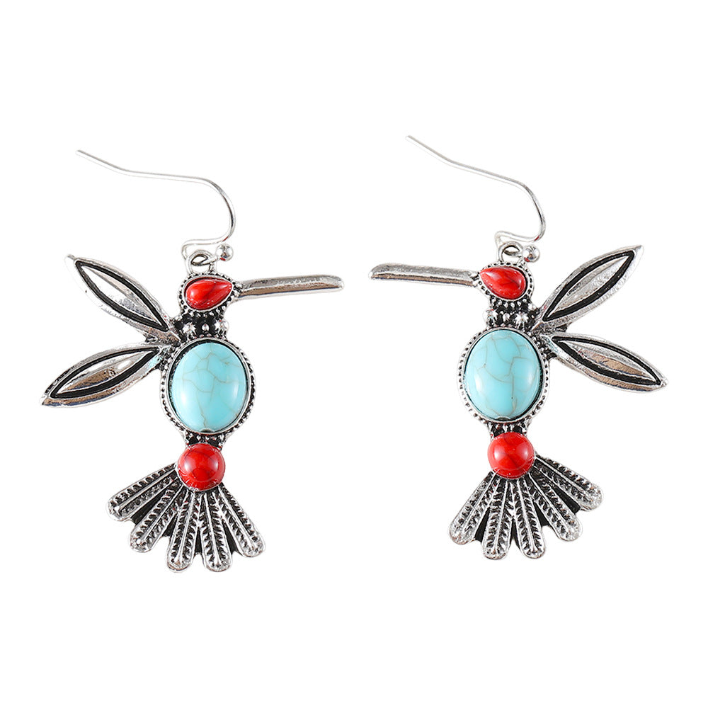 Wholesale Retro fashion inlaid turquoise bird pendant earrings
