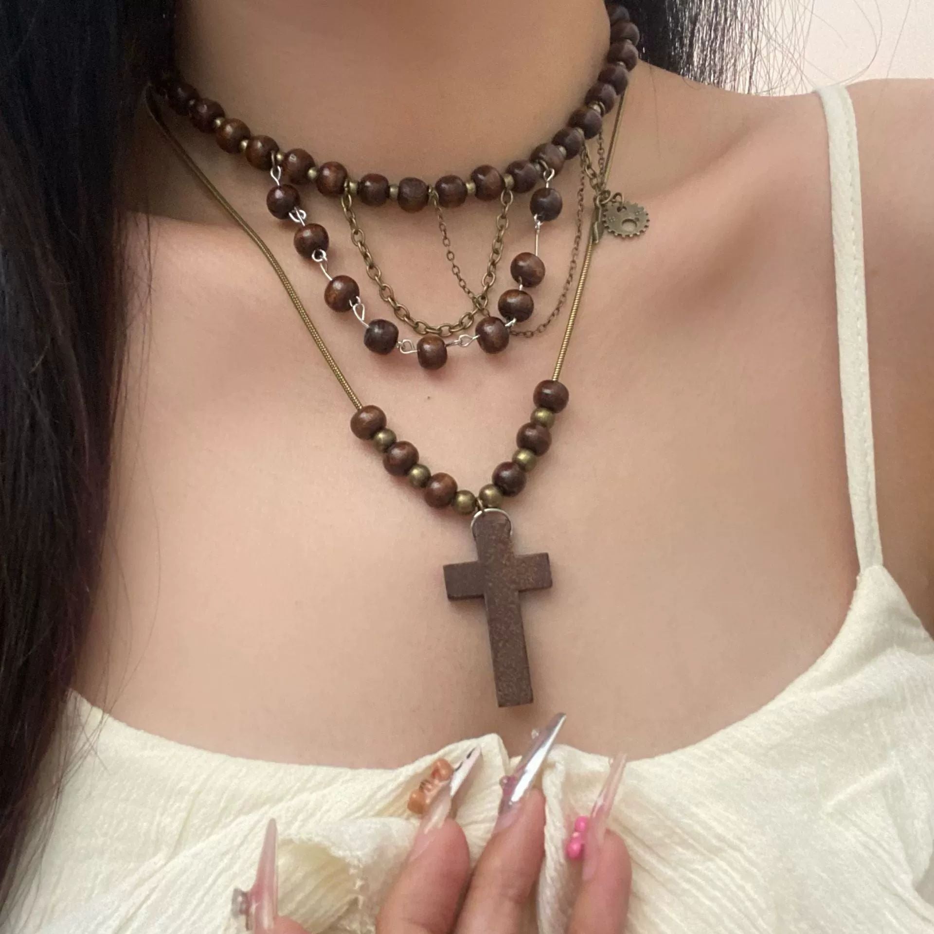 Wholesale Vintage Dark Cross Bead Necklace