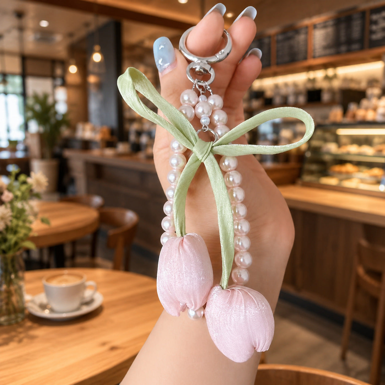 Wholesale Fresh Tulip Pearl Beaded Bracelet Keychain Acrylic Beige Decorative Accessory