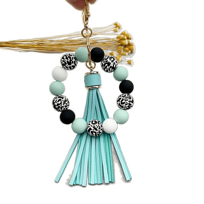 Wholesale 5pcs Leopard Print White Base Wood Beads Wristlet Keychain