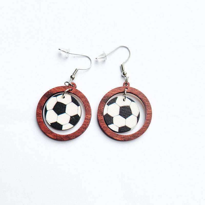 Wholesale Football World Cup Baseball Football Basketball Tennis Volleyball Wooden Ring Earrings