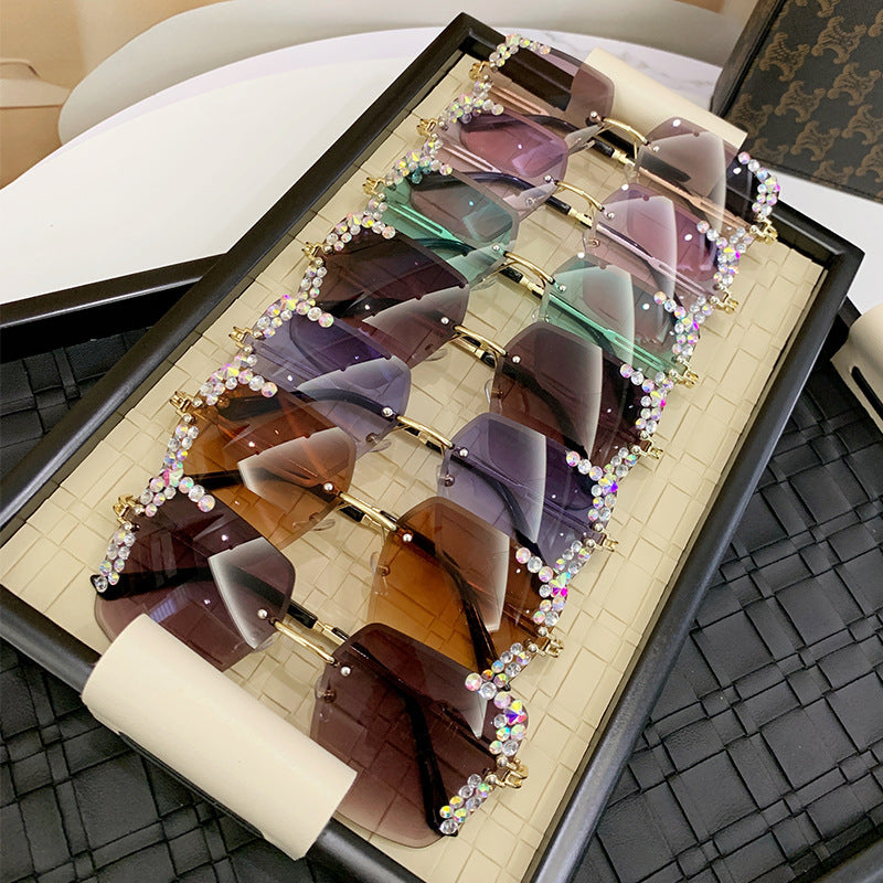 Wholesale Glittery Starry Sky Diamond Large Frame Cut Edge Square Frame Sunglasses