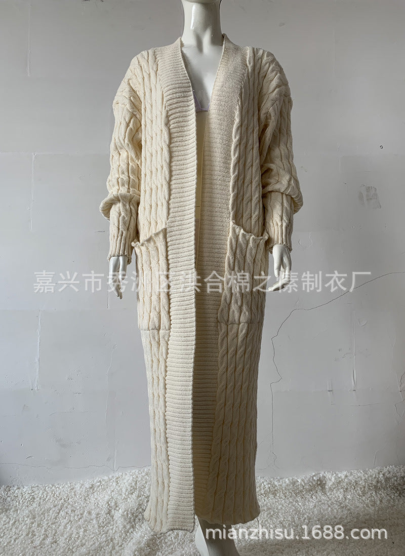 Wholesale Long Knitted Sweater Jacket Cardigan Pocket Long Sweater Thickened Jacket