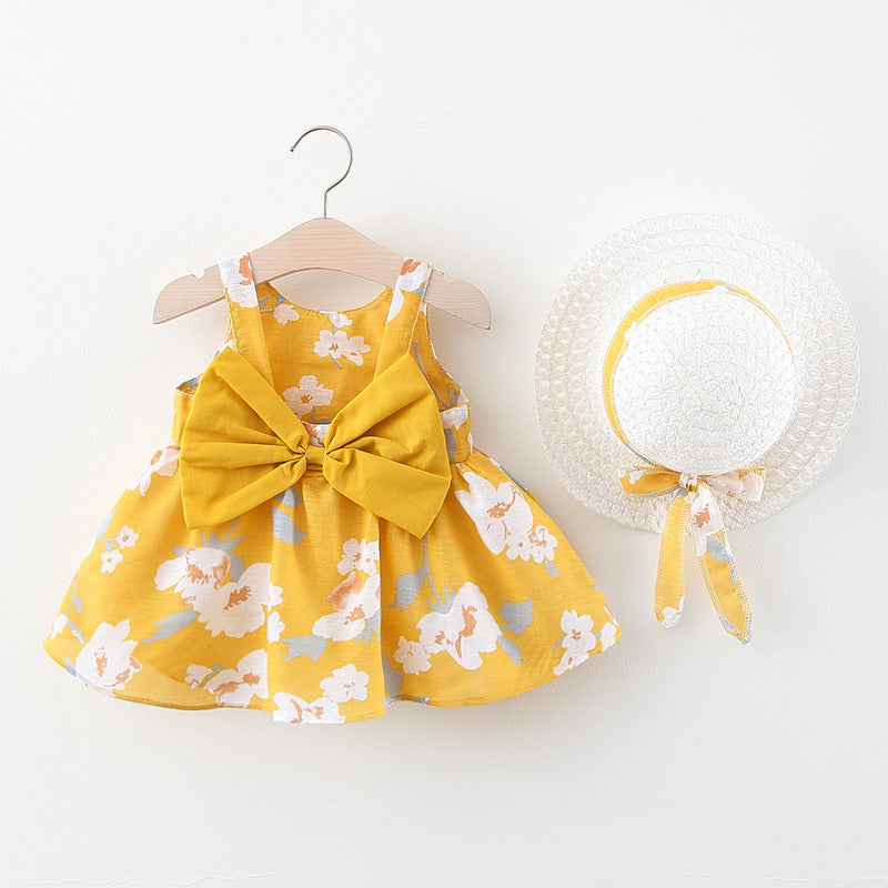 Wholesale Summer Baby Girl Strap Dress With Bow Print Cotton Toddler Party Outfit Gift