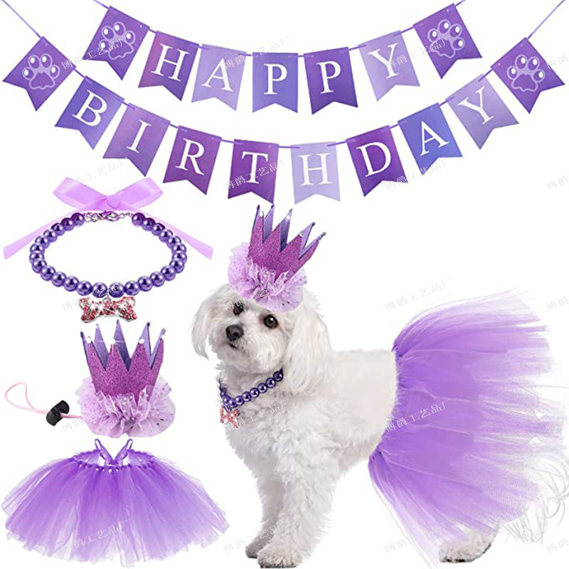 Wholesale Pet Dog Birthday Party Tulle Skirt Bone Necklace Crown Set