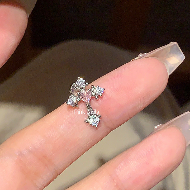 Wholesale Pink zircon cross ear bone studs titanium steel butterfly cochlear studs