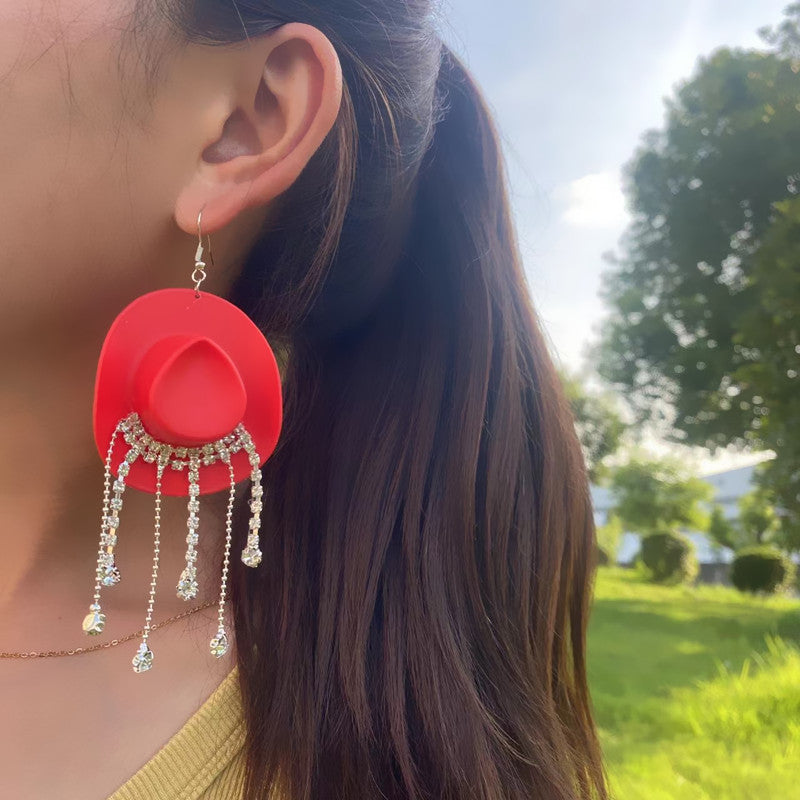 Wholesale Western Style Cowboy Hat Shiny Tassel Earrings